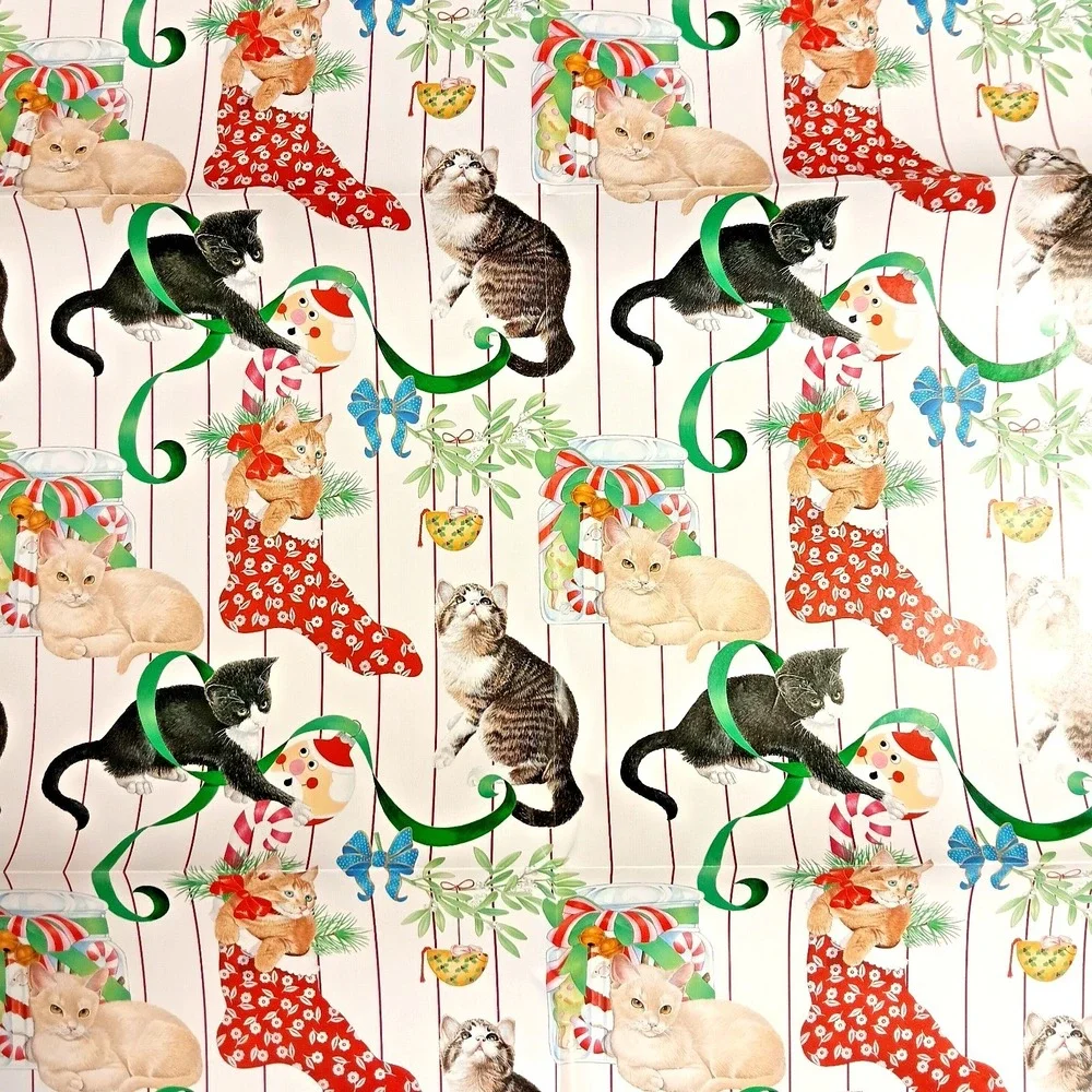 Current Kitties Super Size Christmas Gift Wrap 1987‎ Vintage 30x48 Sheet 2 Cards